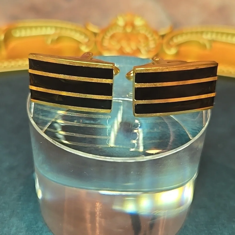 Gold and Black Striped Stainless Steel Cufflinks Brand New - Picture 3 of 10